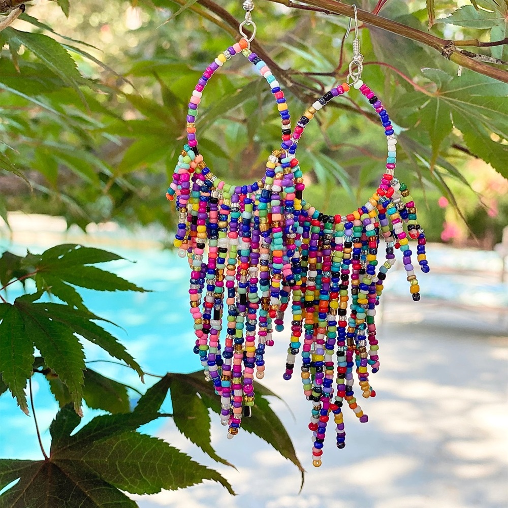 NEW! Bohemian hand beaded multi color dangle earrings